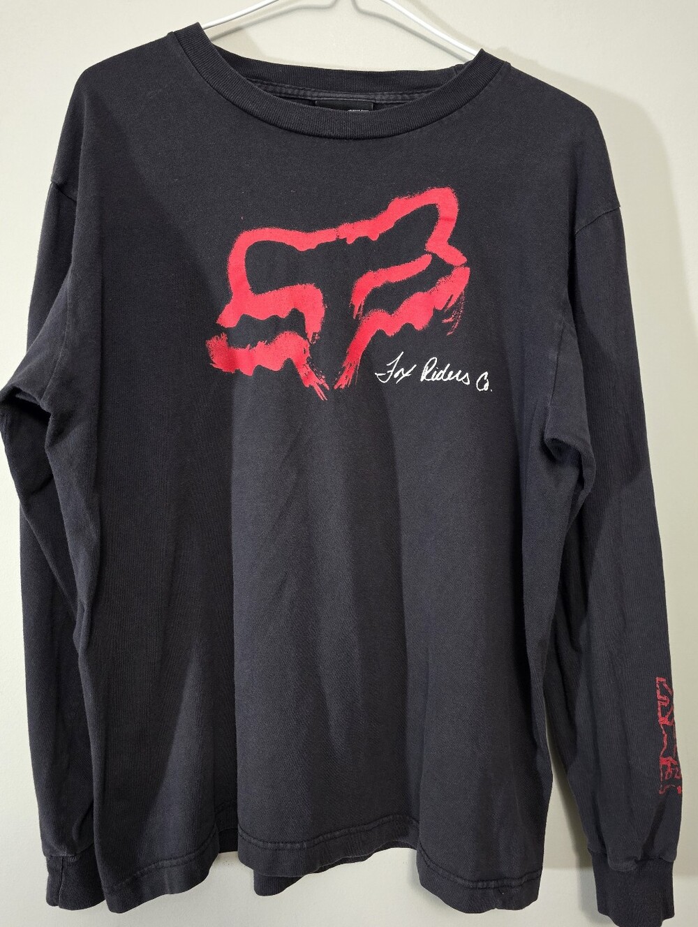 Y2K Fox Black Long Tee with Red Fox Head Graphic Size Medium